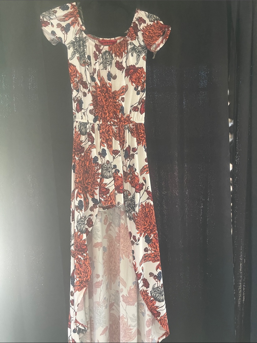 Off-Shoulder High-Low Dress in White and Rust Floral